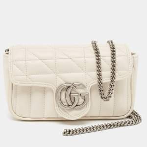 Gucci Off White Matelasse Leather Super Mini GG Marmont Shoulder Bag