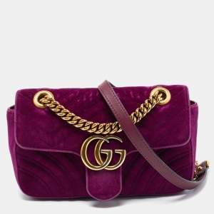 Pre Owned Gucci Magenta Matelassé Velver Mini GG Marmont Shoulder Bag