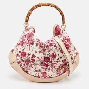 Pre Owned Gucci Beige/Pink Floral Canvas and Leather Peggy Bamboo Handle Hobo
