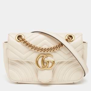 Gucci Off White Matelassé Leather Mini GG Marmont Shoulder Bag