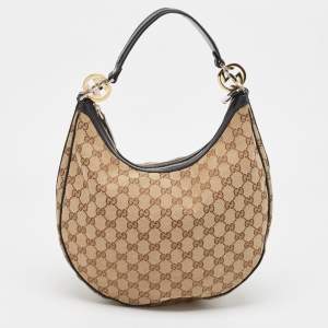 Pre Owned Gucci Beige/Black GG Canvas and Leather Medium GG Twins Hobo