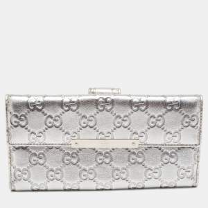 Gucci Silver Guccissima Leather Flap Continental Wallet