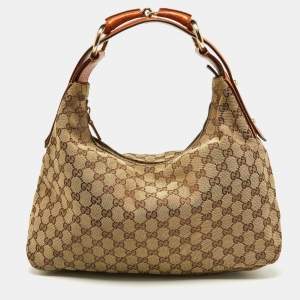 Pre Owned Gucci Beige/Brown GG Canvas and Leather Horsebit Handle Hobo