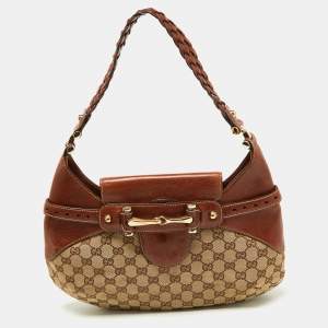 Pre Owned Gucci Brown/Beige GG Canvas and Leather Horsebit Flap Hobo