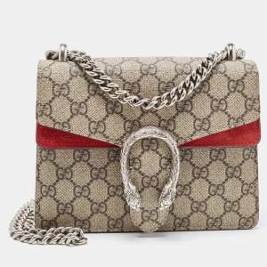 Gucci Red/Beige GG Supreme Canvas and Suede Mini Dionysus Shoulder Bag
