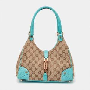 Pre Owned Gucci Beige/Turquoise GG Canvas and Leather Jackie O Hobo