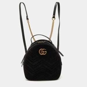 Gucci Black Matelassé Velvet and Leather GG Marmont Backpack