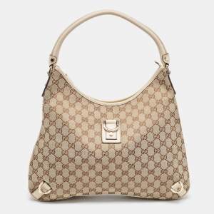 Pre Owned Gucci Beige GG Canvas and Leather Medium Abbey D-Ring Hobo