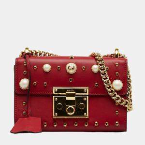 Gucci Red  Studded Leather Small Padlock Shoulder Bag