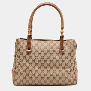 Pre Owned Gucci Brown/Beige GG Canvas And Leather Bamboo Tote