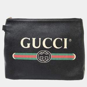 Pre Owned Gucci Black Leather Logo Clutch (572770)