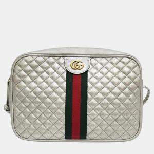 Gucci Silver Leather Quilted Web Cross Bag (541051)