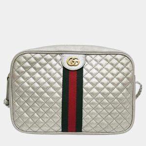 Pre Owned Gucci Silver Leather Quilted Web Cross Bag (541051)
