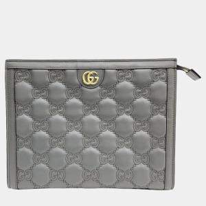 Gucci Grey Leather GG Clutch 