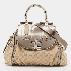 Pre Owned Gucci Beige/Metallic GG Canvas and Leather Pop Bamboo Top Handle Bag