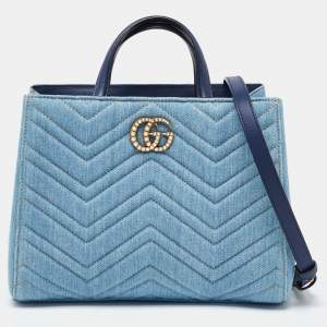 Pre Owned Gucci Blue Matelassé Denim and Leather Small GG Marmont Tote