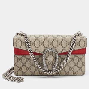 Gucci Beige/Red GG Supreme Canvas and Suede Small Rectangular Dionysus Shoulder Bag