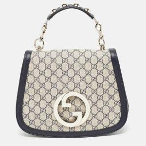 Pre Owned Gucci Navy Blue/Beige GG Supreme Canvas and Leather Blondie Top Handle Bag
