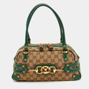 Gucci Beige/Green GG Canvas and Leather Wave Boston Bag