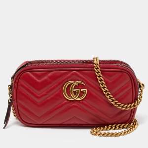 Gucci Red Matelassé Leather Mini GG Marmont Chain Crossbody Bag