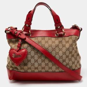 Pre Owned Gucci Red/Beige GG Canvas and Leather Valentine Tote