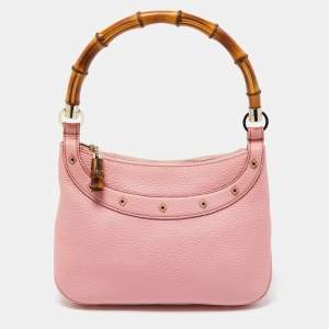Pre Owned Gucci Pink Leather Anita Bamboo Hobo