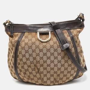 مملوكة مسبقًا Gucci Beige/Brown GG Canvas and Leather D Ring Hobo