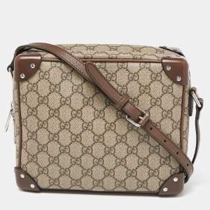 Pre Owned Gucci Brown/Beige GG Supreme Canvas and Leather Square Messenger Bag