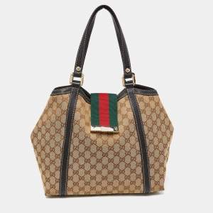 Pre Owned Gucci Beige/Black GG Canvas and Leather Medium New Ladies Web Tote  