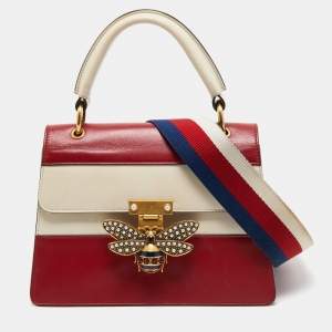 Pre Owned Gucci Red/Off White Leather Small Queen Margaret Top Handle Bag