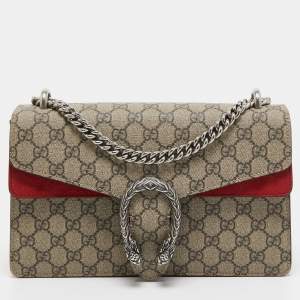 Pre Owned Gucci Red/Beige GG Supreme Canvas and Suede Small Dionysus Shoulder Bag