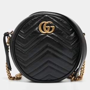 Gucci Black Matelassé Leather Mini GG Marmont Round Crossbody Bag