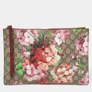 Pre Owned Gucci Old Rose GG Supreme Blooms Canvas and Suede Zip Pouch