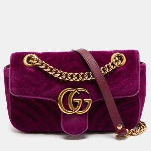 Pre Owned Gucci Purple Matelassé Velvet Small GG Marmont Shoulder Bag