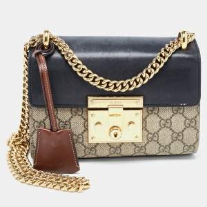 Pre Owned Gucci Black/Beige GG Supreme Canvas and Leather Small Padlock Shoulder Bag