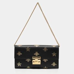 Gucci Black Leather Bees Padlock Continental Wallet On Chain