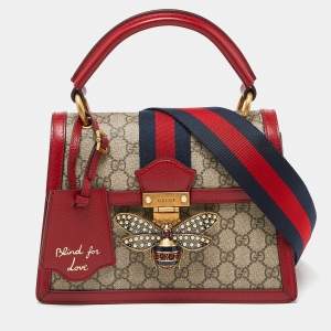 Pre Owned Gucci Beige/Red GG Supreme Canvas and Leather Small Queen Margaret Top Handle Bag