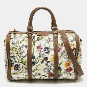 Pre Owned Gucci Dark Beige/White Floral Print Canvas and Leather Medium Boston Bag