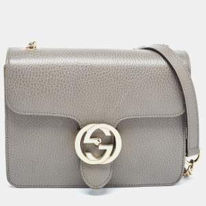 Pre Owned Gucci Grey Leather Small Interlocking G Shoulder Bag
