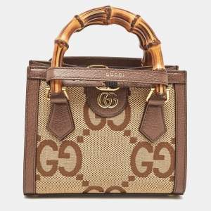 Pre Owned Gucci Beige/Brown Jumbo GG Canvas and Leather Mini Diana Tote 