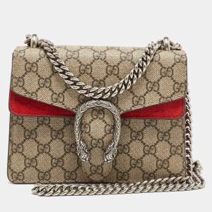 Pre Owned Gucci Beige/Red GG Supreme Canvas and Suede Mini Dionysus Shoulder Bag