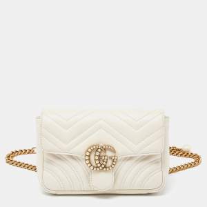 Gucci Off White Matelassé Leather GG Pearl Marmont Chain Belt Bag