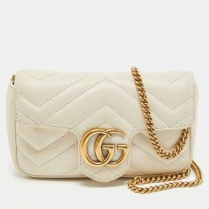 Gucci Off White Matelassé Leather Super Mini GG Marmont Shoulder Bag