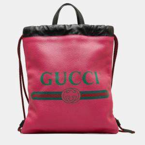 Gucci Pink Leather Logo Drawstring Backpack