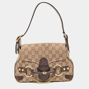Pre Owned Gucci Ebony/Beige GG Canvas and Leather Horsebit Shoulder Bag