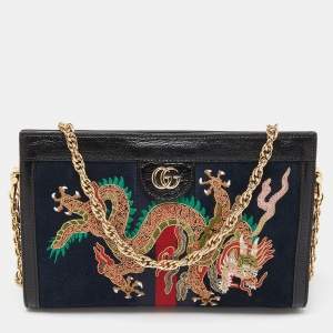 Pre Owned Gucci Blue/Black Suede andLeather Ophidia Chain Bag