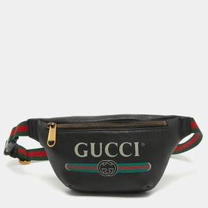 Pre Owned Gucci Black Leather Logo Web Belt Bag