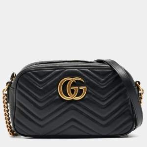 Gucci Black Matelassé Leather Small GG Marmont Shoulder Bag