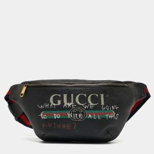 Gucci Black Pebbled Leather Logo Web Belt Bag