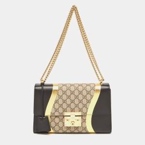 Pre Owned Gucci Tricolor GG Supreme Canvas and Leather Medium Padlock Shoulder Bag